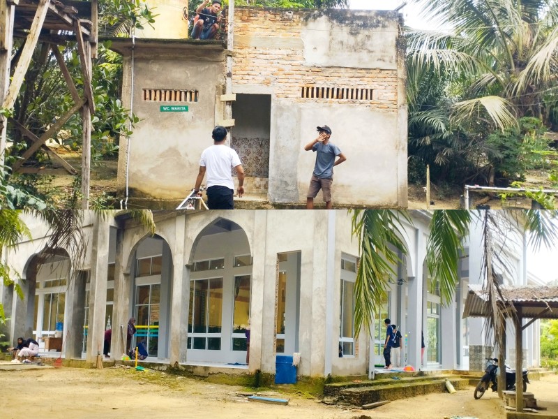 Karta Pemuda Desa Danau Tiga Kolaborasi dengan Mahasiswa KKN, Serempak Bersihkan Areal Masjid At-Taqwa Jelang Ramadan