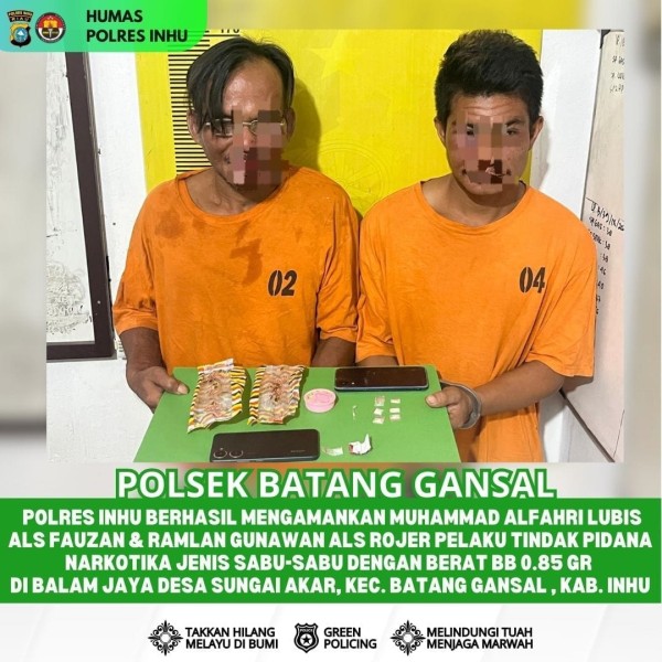 Perburuan Narkoba Lintas Kabupaten, Polsek Batang Gansal Ciduk Dua Pengedar Hingga ke Inhil