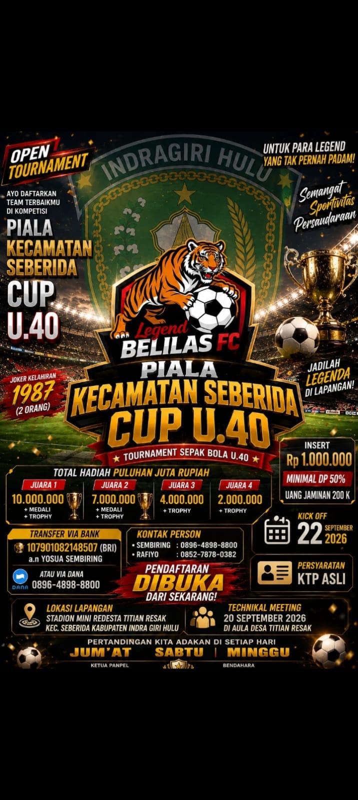 Legend Belilas FC Gelar Piala Kecamatan Seberida Cup U.40, Total Hadiah Puluhan Juta Rupiah