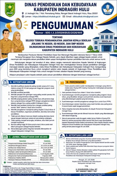 Disdikbud Inhu Buka Seleksi Terbuka Pengangkatan Kepala Sekolah TK, SD, dan SMP Negeri